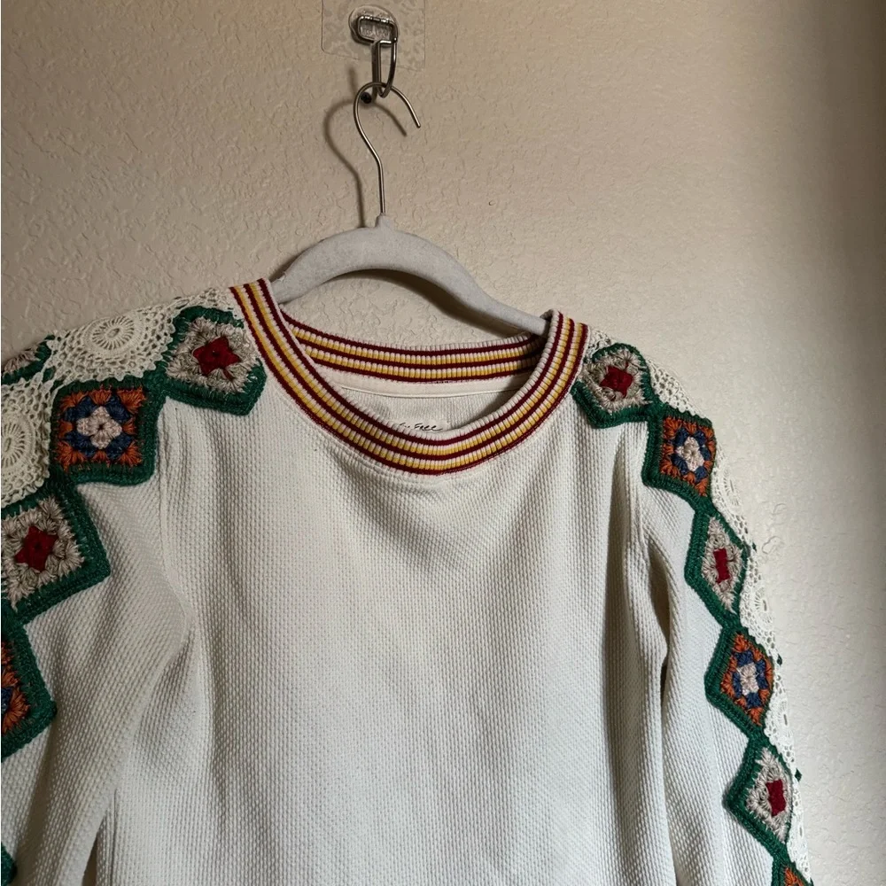 Free People Rib Sweatshirt Granny Square Sleeve Embroidery Sz Small Colorful‎